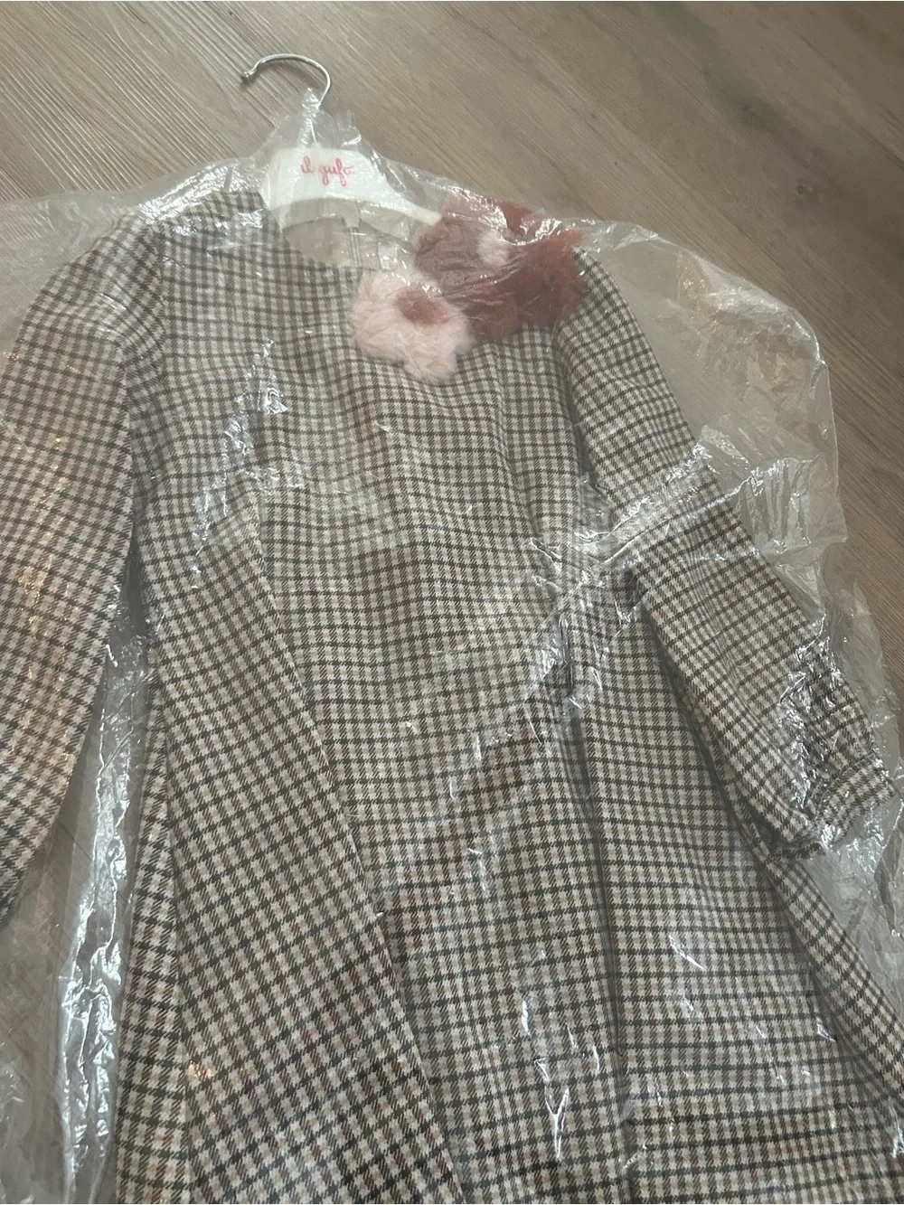 Il Gufo Plaid Wool-Blend Dress with Pink & Brown Floral Accent